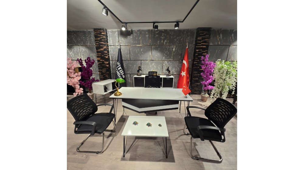 Tilia Zirve modern ofis çalışma grubu, suntalam masa takımı, Polen makam koltuğu ve Polen bekleme koltukları dahil.